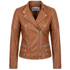 Womens Real Leather Biker Jacket Classic Cross Zip Style Molly Chestnut Tan