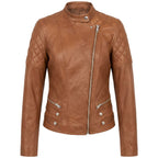 Womens Real Leather Biker Jacket Classic Cross Zip Style Molly Chestnut Tan