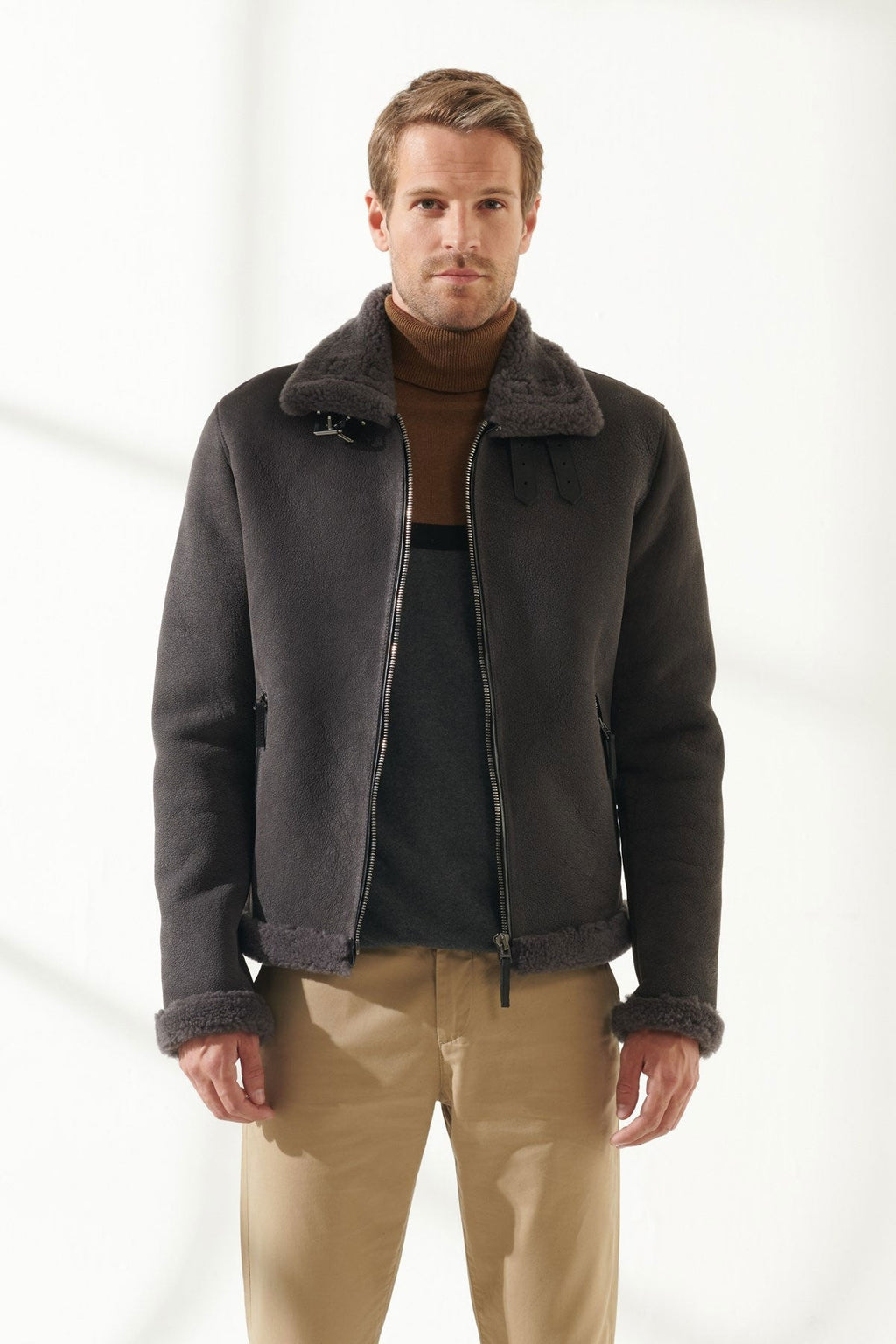 Men Aviator Dark Grey Shearling Jacket