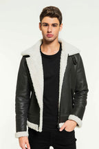 Classic Men's Aviator Black Shearling Jacket - White Shearling