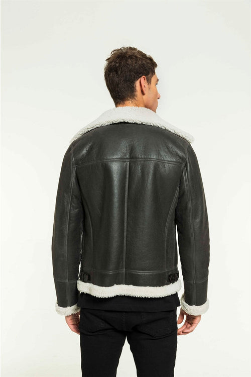 Classic Men's Aviator Black Shearling Jacket - White Shearling