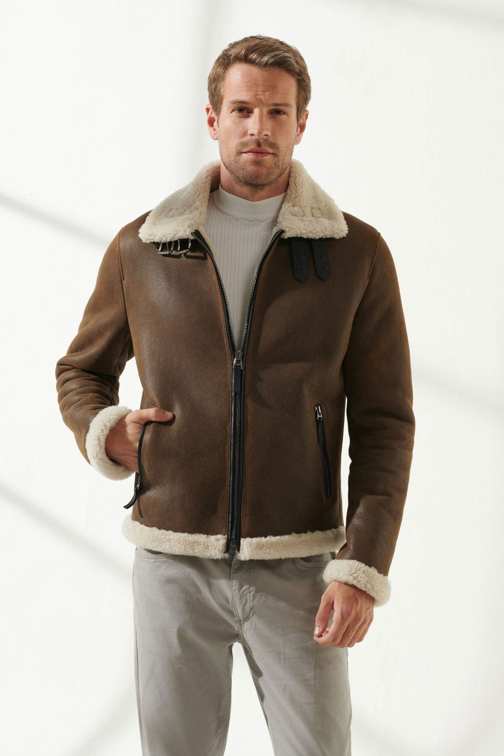 Men Aviator Brown With Off White Shearling Jacket