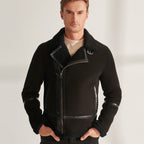 Men Black Pilot Sheepskin Shearling Leather Aviator Jacket