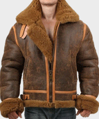 Mens Aviator Distressed Leather Shearling Jacket