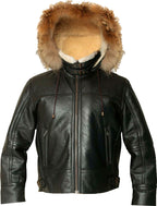 Mens Hooded Flight Bomber Leather Jacket With Fur