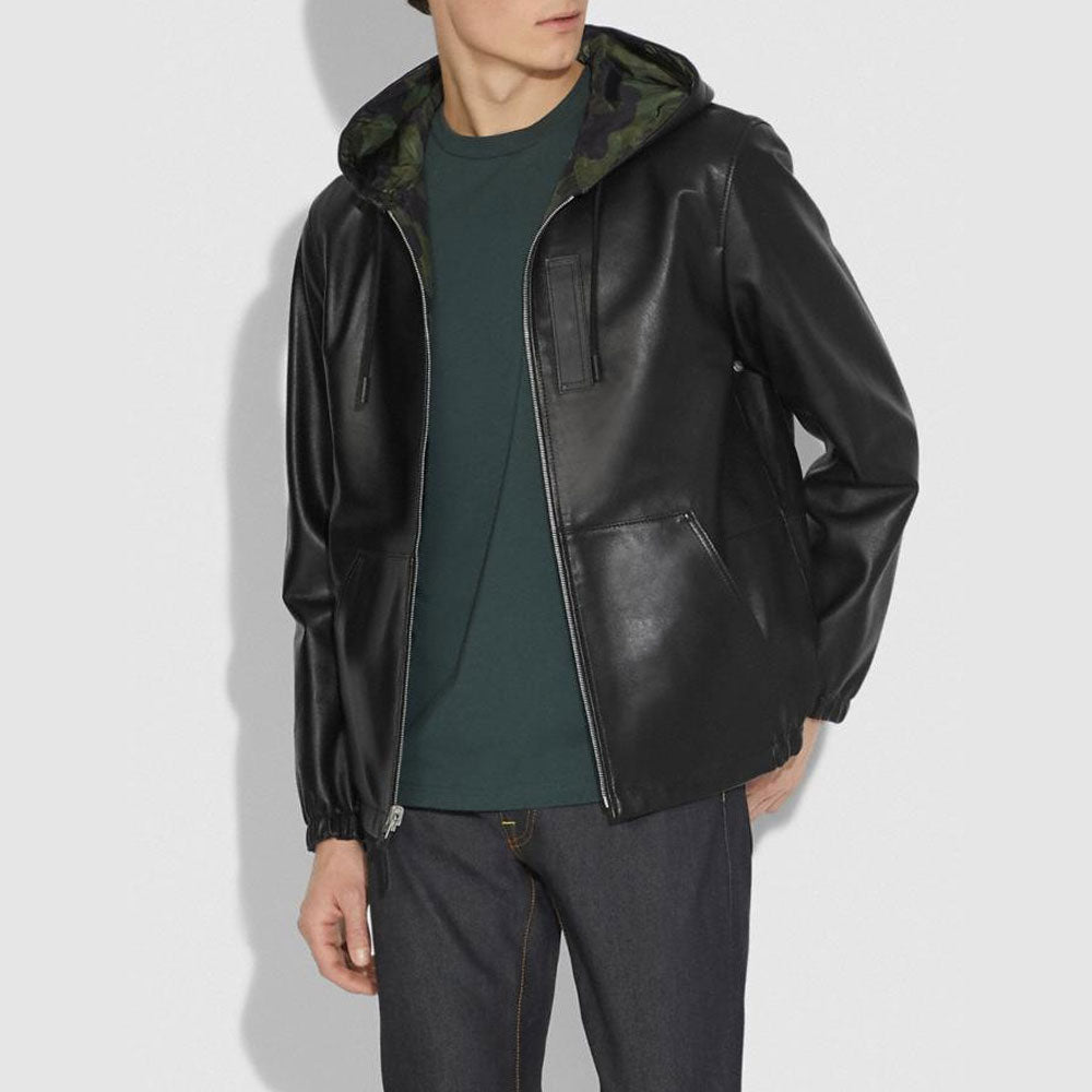Mens Black Hooded Real Sheepskin Leather Bomber Jacket