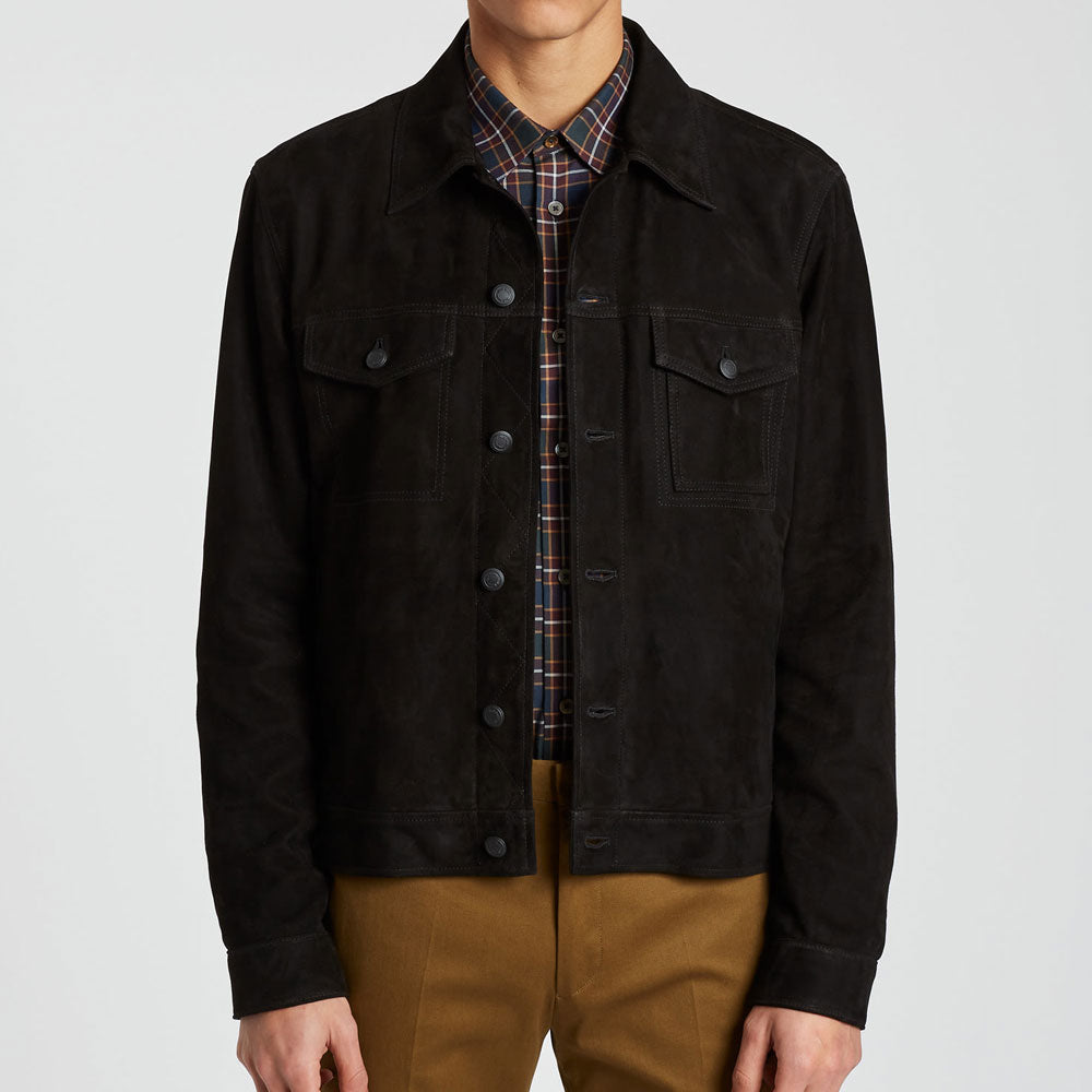 Mens Black Suede Leather Trucker Styled Jacket