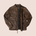 Mens Brown Cafe Racer Lambskin Leather Motorcycle Jacket