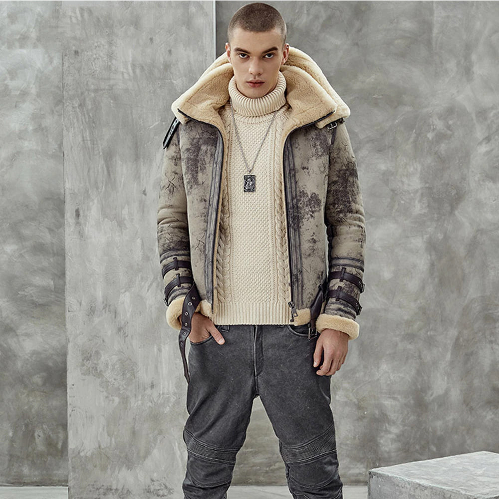 Men's RAF Double Collar Waxed RAF Sheepskin Shearling Jacket Coat