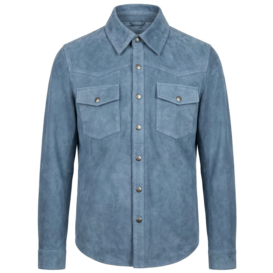 Mens Real Goat Suede Shirt Western Trucker Jacket Oliver Denim Blue