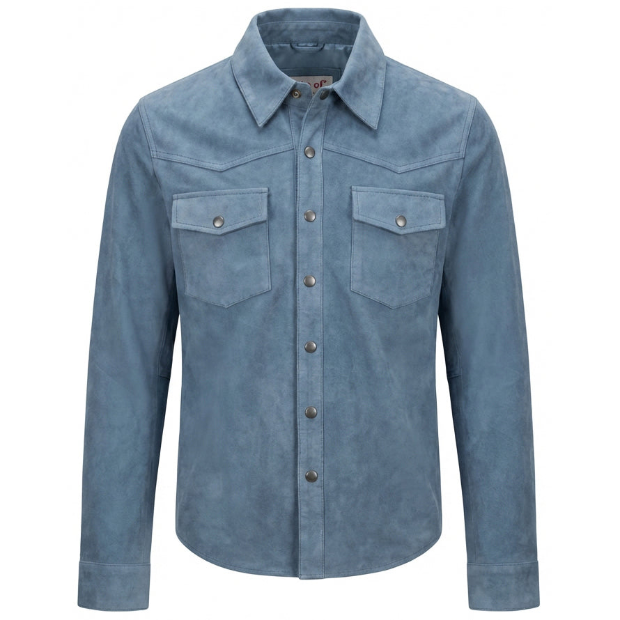 Mens Real Goat Suede Shirt Western Trucker Jacket Oliver Denim Blue