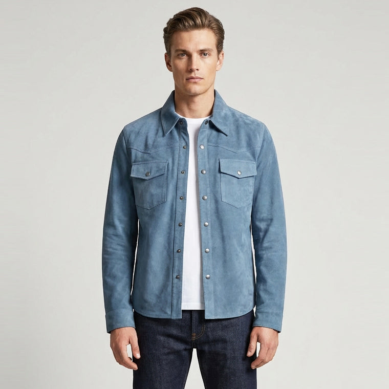 Mens Real Goat Suede Shirt Western Trucker Jacket Oliver Denim Blue