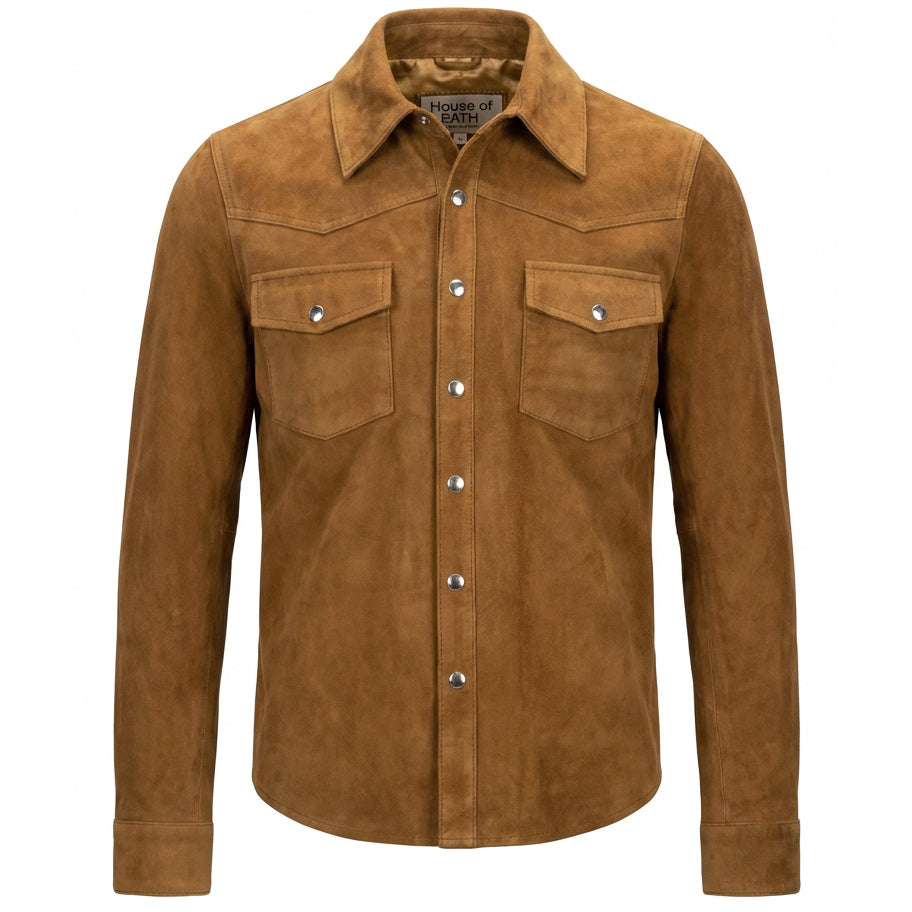 Mens Real Goat Suede Shirt Western Trucker Jacket Oliver Cognac