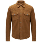 Mens Real Goat Suede Shirt Western Trucker Jacket Oliver Cognac