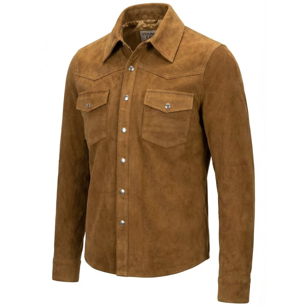 Mens Real Goat Suede Shirt Western Trucker Jacket Oliver Cognac