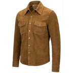 Mens Real Goat Suede Shirt Western Trucker Jacket Oliver Cognac