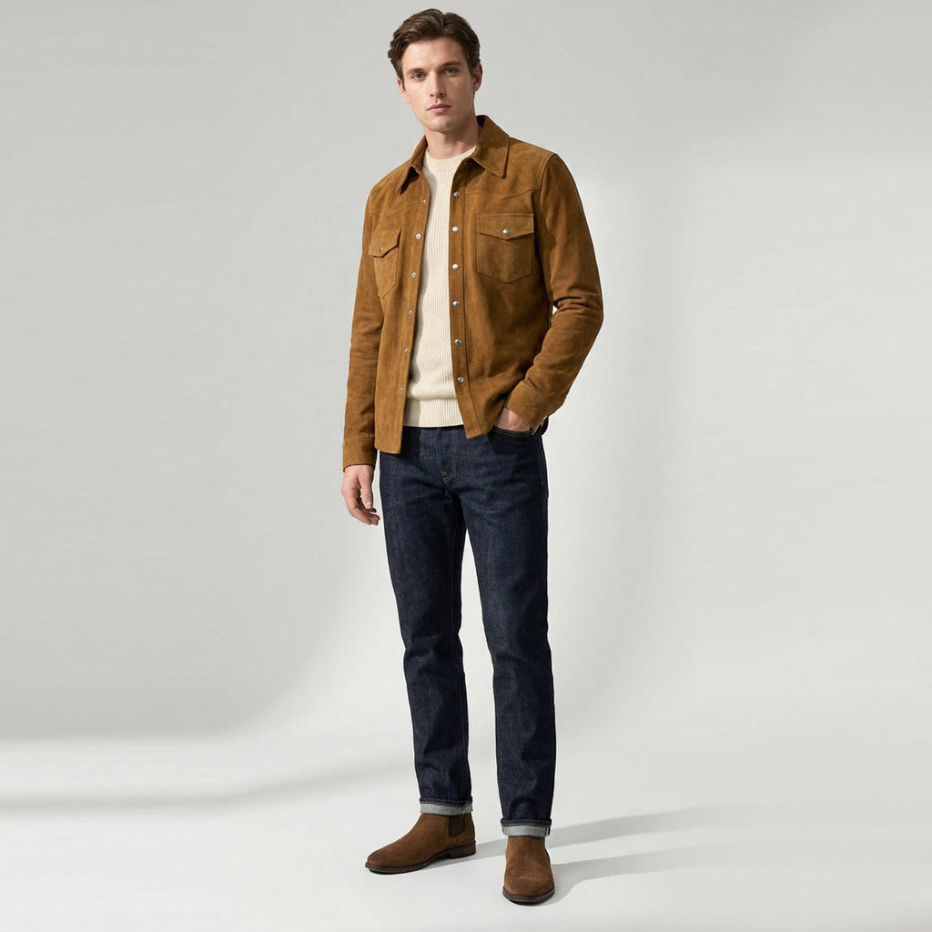 Mens Real Goat Suede Shirt Western Trucker Jacket Oliver Cognac