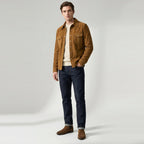 Mens Real Goat Suede Shirt Western Trucker Jacket Oliver Cognac