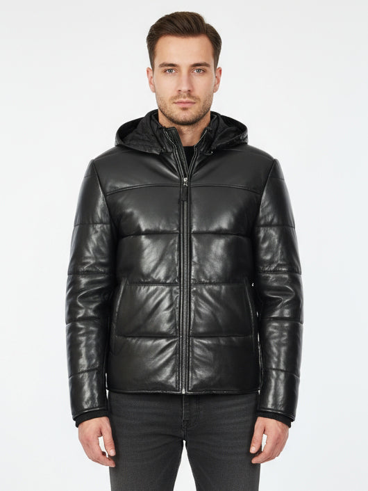 Men's Black Leather Puffer Jacket With Detachable Hood Quilted Padded Outerwear Rory