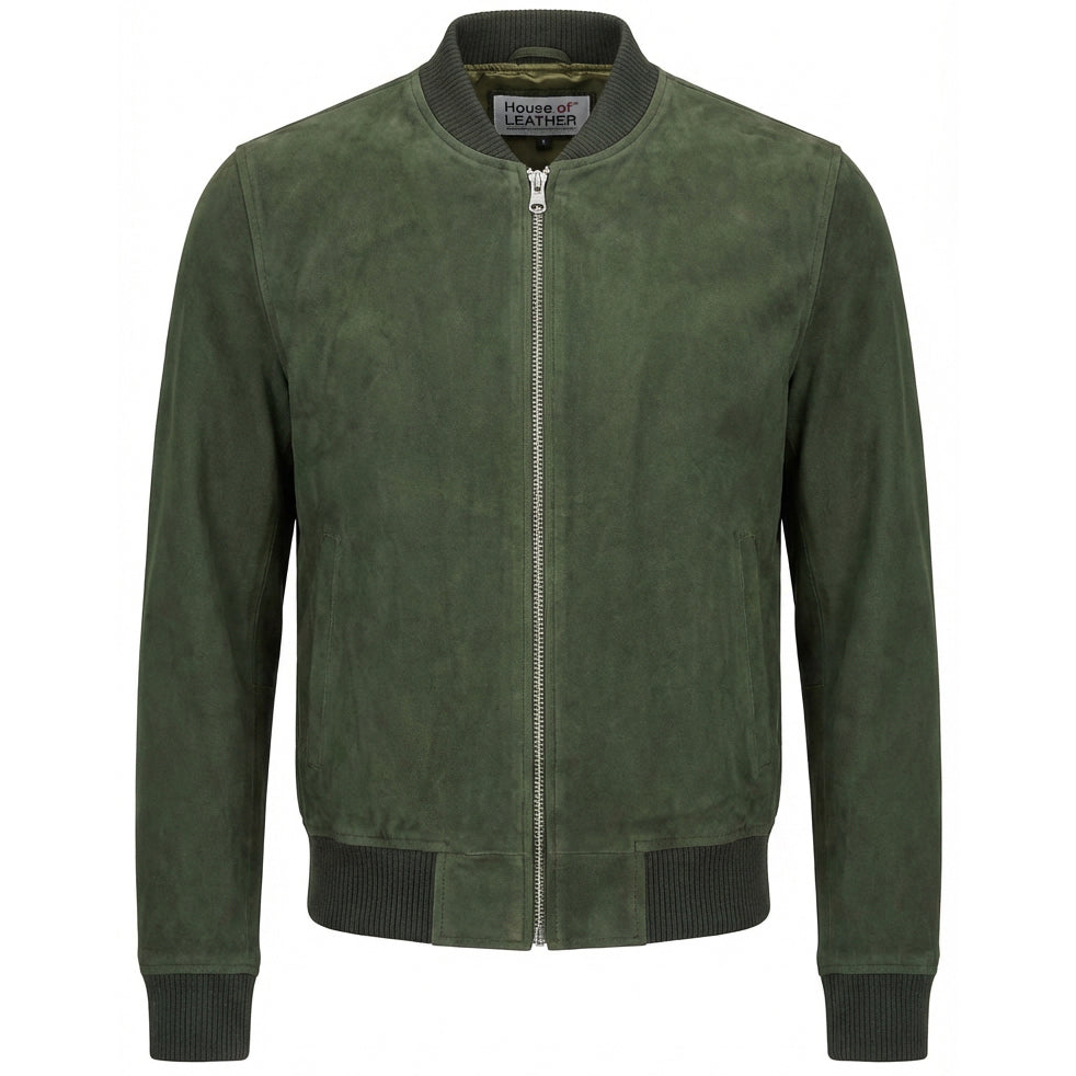 Mens Real Goat Suede Bomber Jacket MA-1 Varsity Design Ryan Olive Green