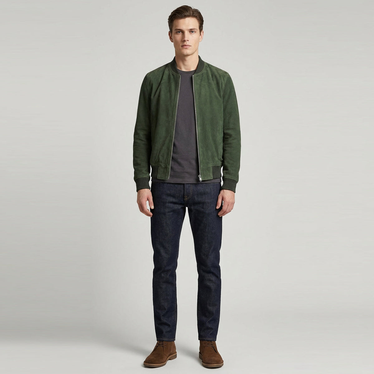 Mens Real Goat Suede Bomber Jacket MA-1 Varsity Design Ryan Olive Green