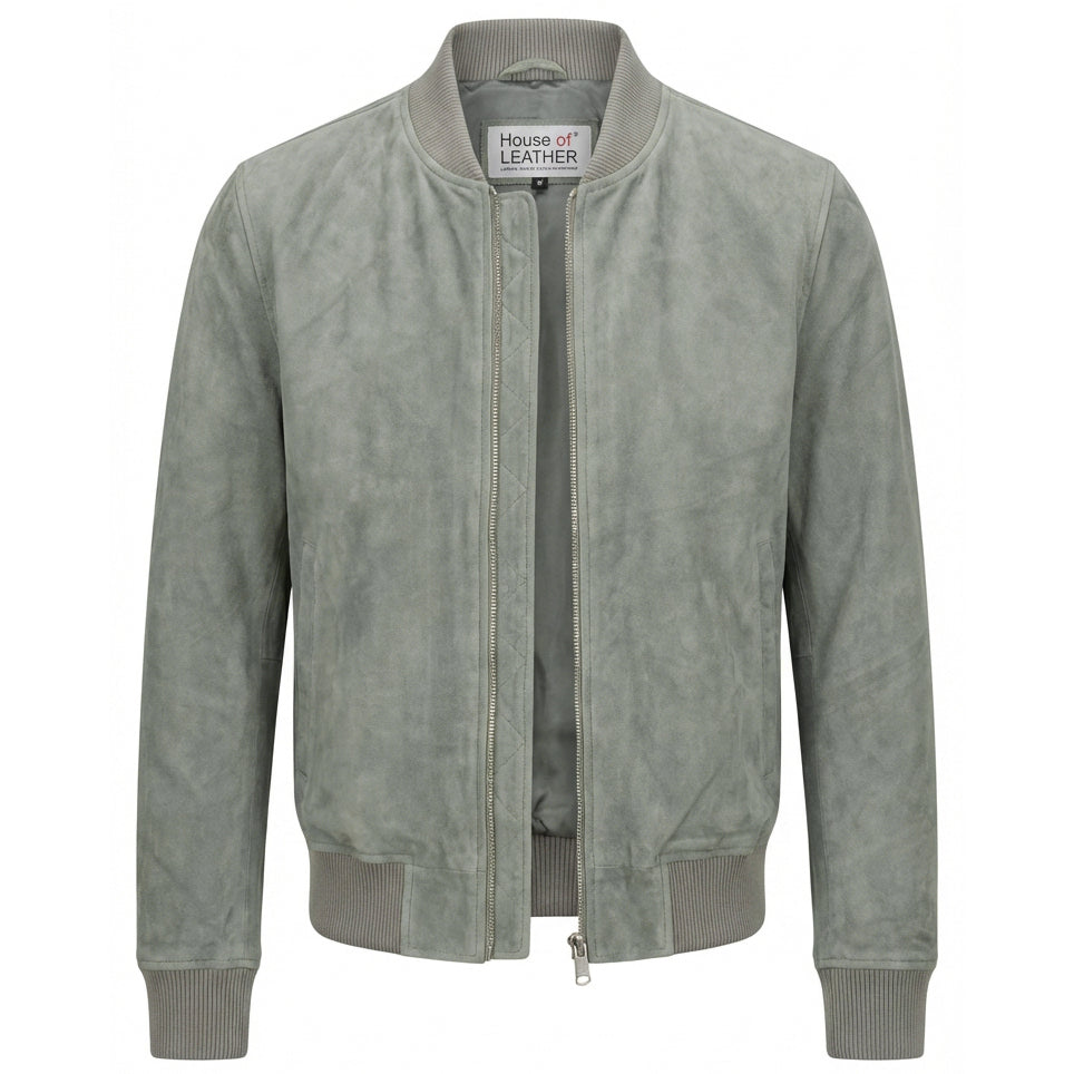 Mens Real Goat Suede Bomber Jacket MA-1 Varsity Design Ryan Grey