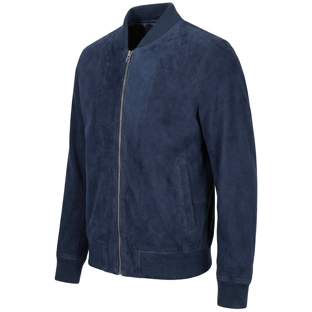 Mens Real Goat Suede Bomber Jacket MA-1 Varsity Design Ryan Navy Blue