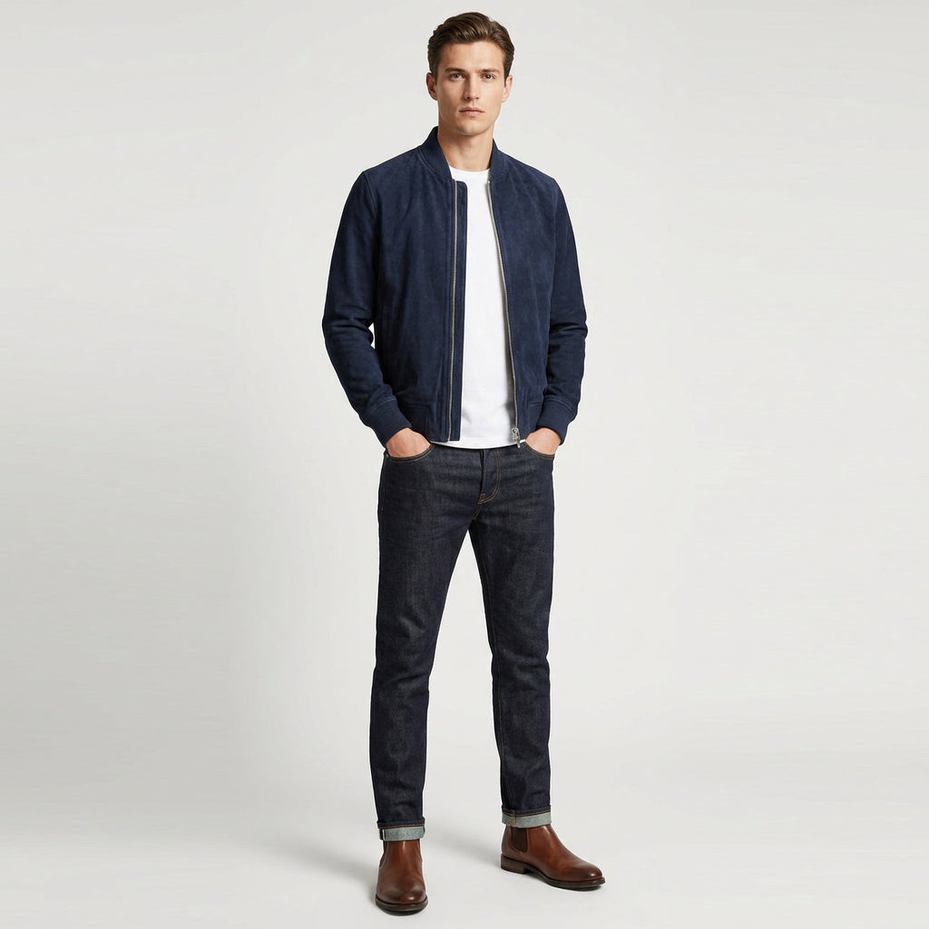 Mens Real Goat Suede Bomber Jacket MA-1 Varsity Design Ryan Navy Blue