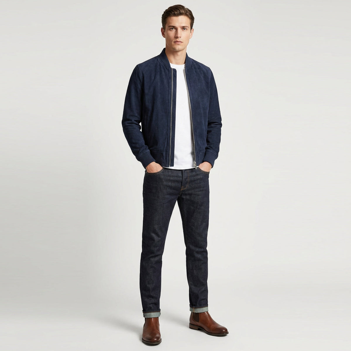 Mens Real Goat Suede Bomber Jacket MA-1 Varsity Design Ryan Navy Blue