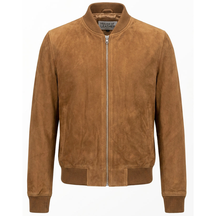 Mens Real Goat Suede Bomber Jacket MA-1 Varsity Design Ryan Cognac