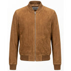 Mens Real Goat Suede Bomber Jacket MA-1 Varsity Design Ryan Cognac
