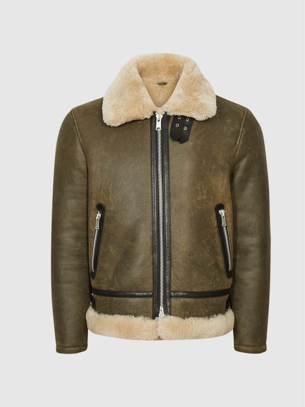 Men’s Army Green Sheepskin Shearling Aviator Jacket