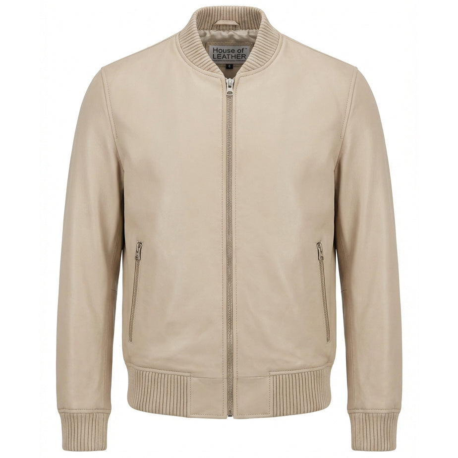 Mens Real Soft Leather Bomber Jacket MA-1 Varsity Style Torque Beige