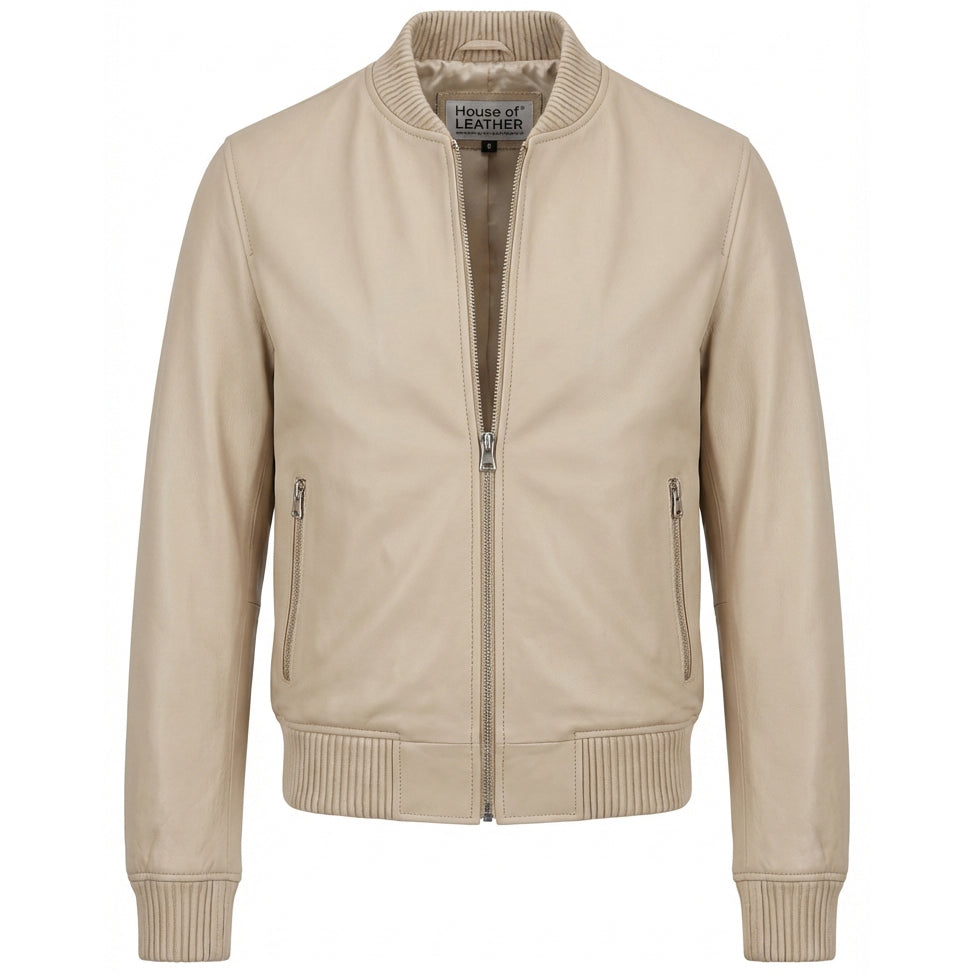 Mens Real Soft Leather Bomber Jacket MA-1 Varsity Style Torque Beige