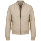 Mens Real Soft Leather Bomber Jacket MA-1 Varsity Style Torque Beige