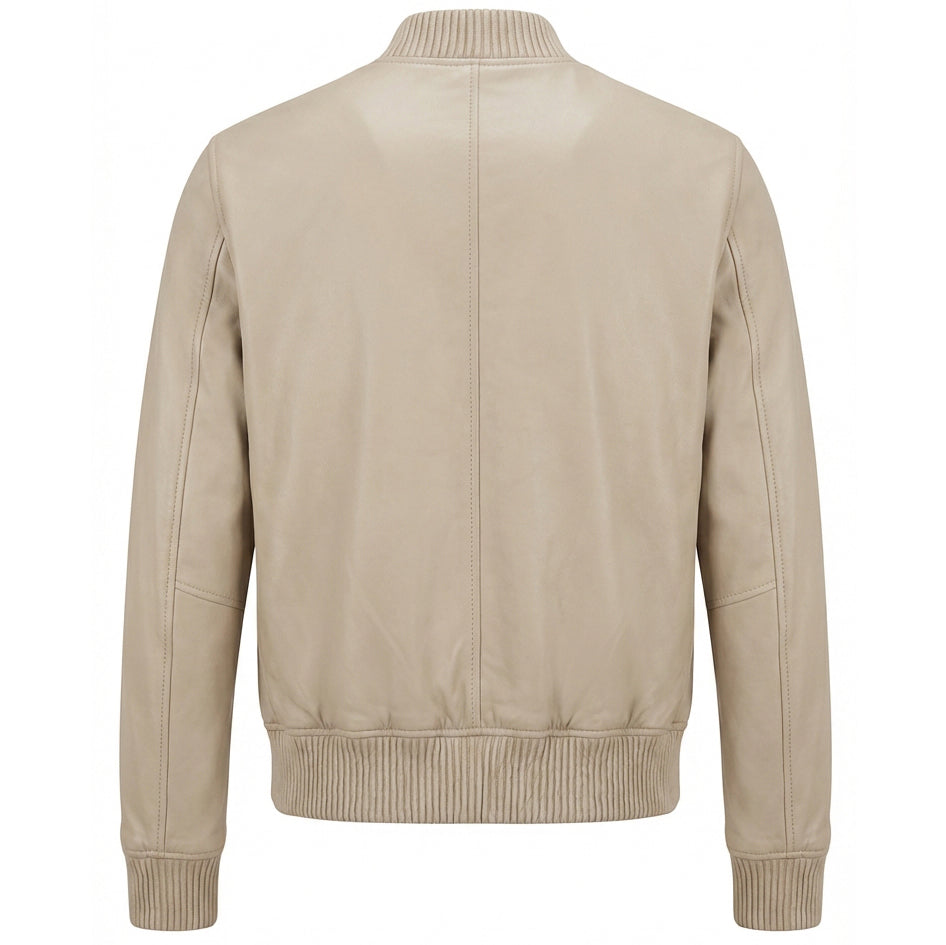 Mens Real Soft Leather Bomber Jacket MA-1 Varsity Style Torque Beige