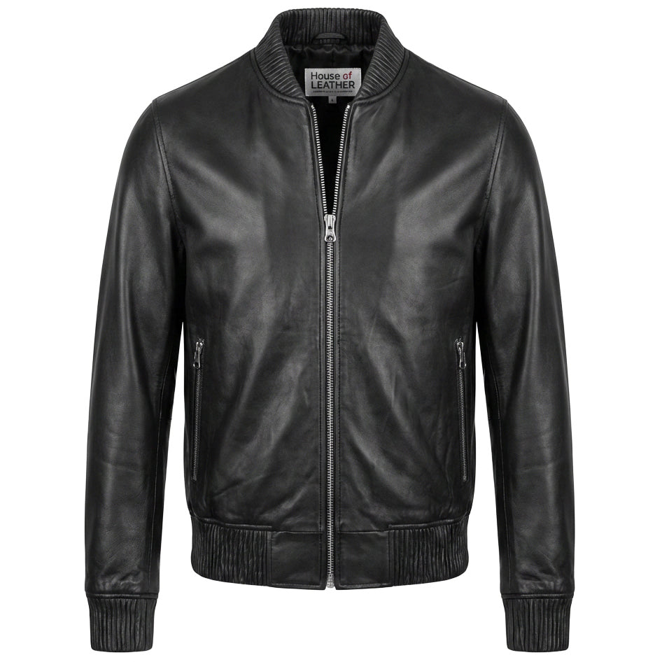 Mens Real Soft Leather Bomber Jacket MA-1 Varsity Style Torque Black