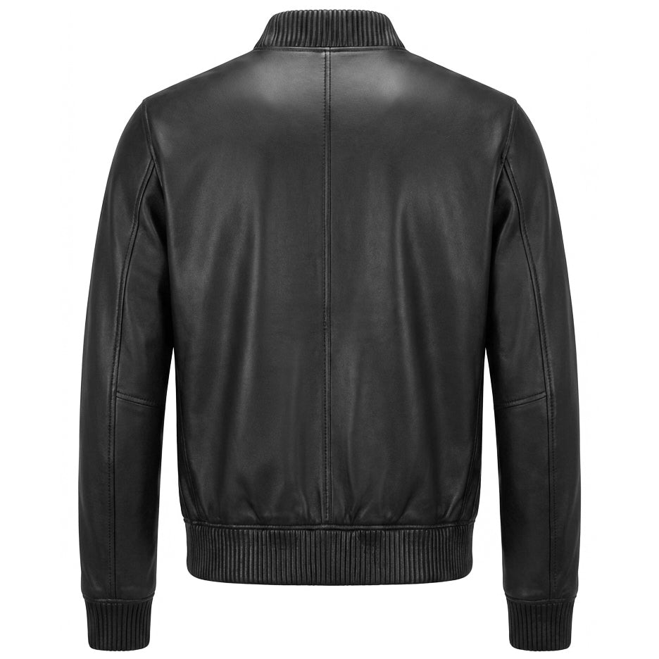 Mens Real Soft Leather Bomber Jacket MA-1 Varsity Style Torque Black