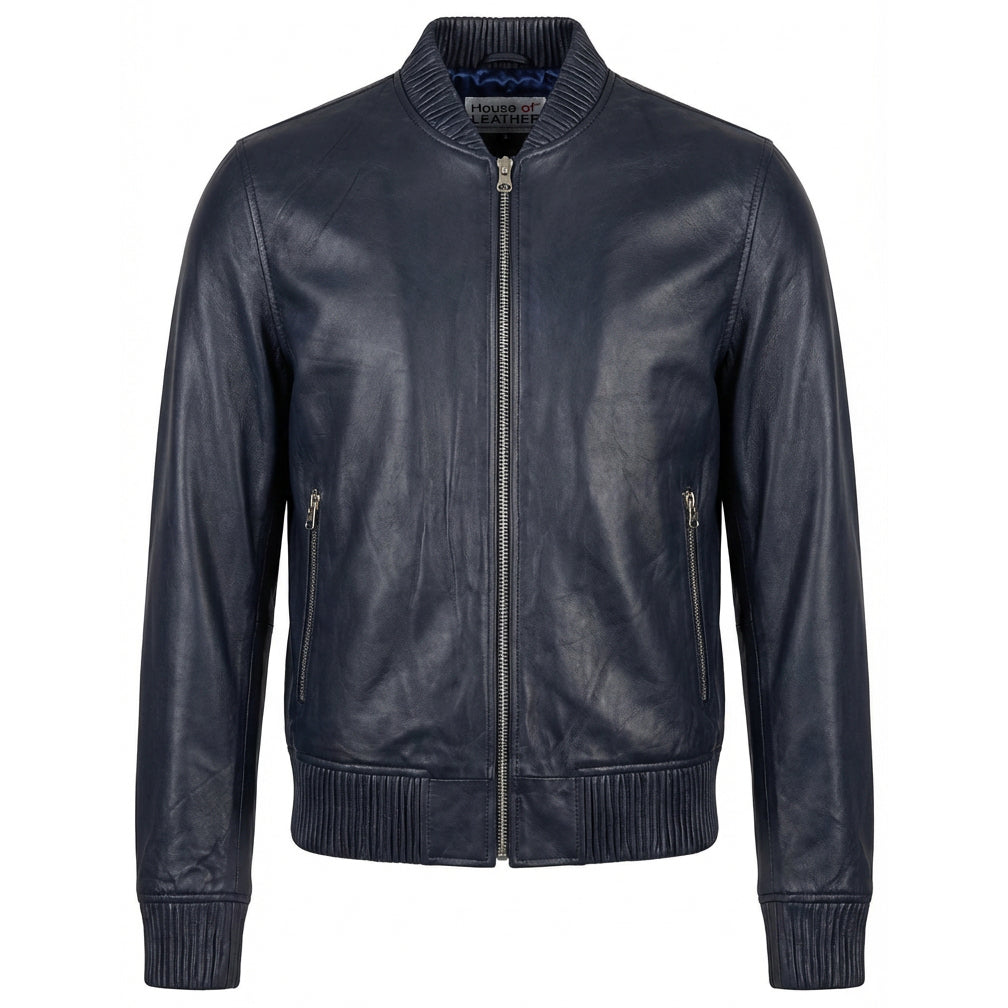 Mens Real Soft Leather Bomber Jacket MA-1 Varsity Style Torque Navy