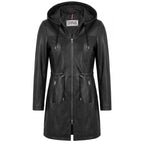 Womens Real Leather Hooded Parka Coat Tyra Black