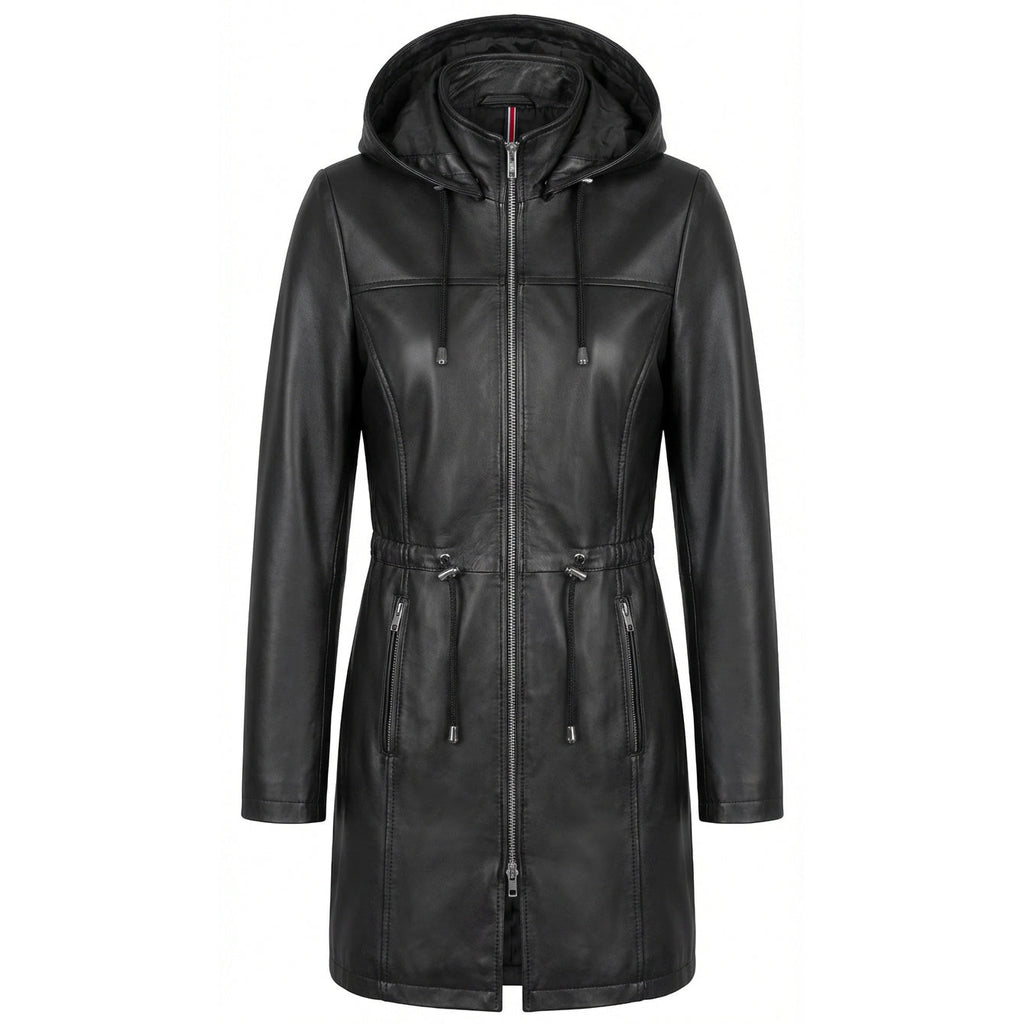 Womens Real Leather Hooded Parka Coat Tyra Black