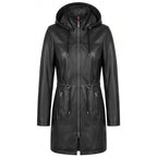 Womens Real Leather Hooded Parka Coat Tyra Black