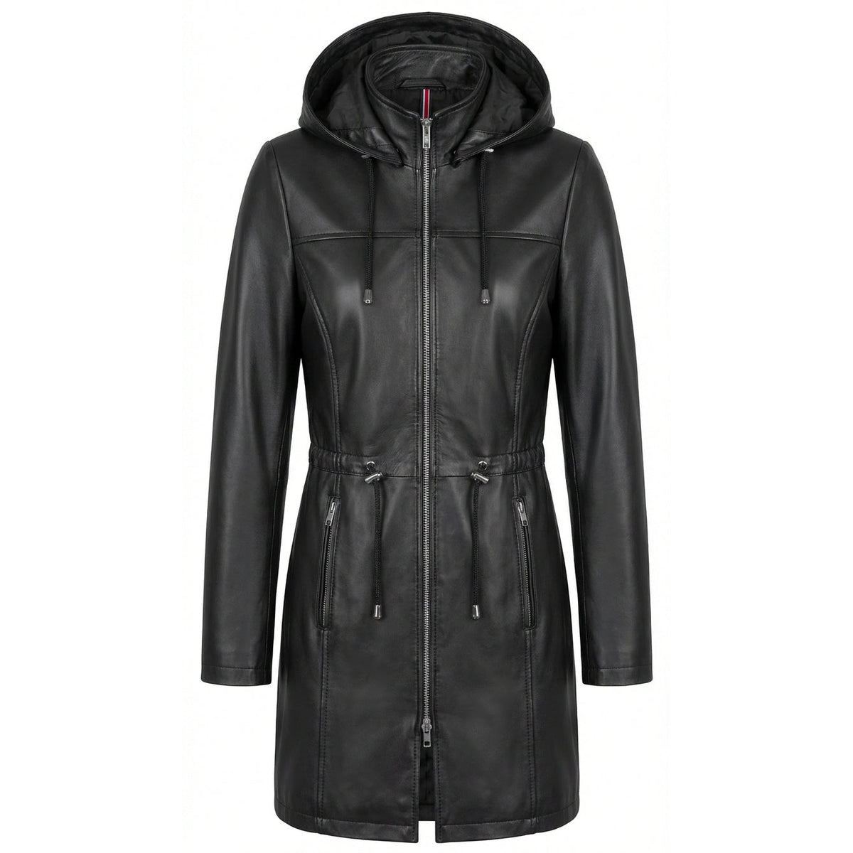 Womens Real Leather Hooded Parka Coat Tyra Black