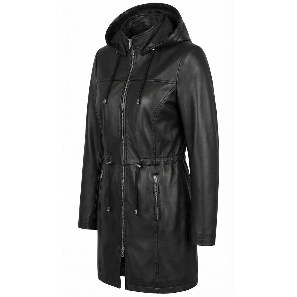 Womens Real Leather Hooded Parka Coat Tyra Black