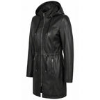 Womens Real Leather Hooded Parka Coat Tyra Black