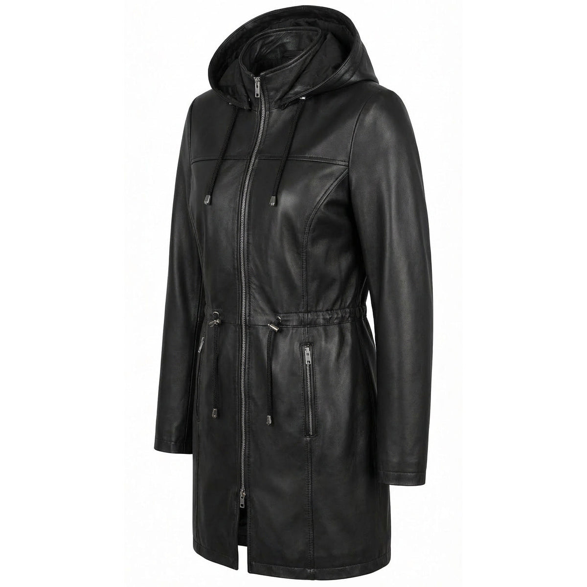 Womens Real Leather Hooded Parka Coat Tyra Black