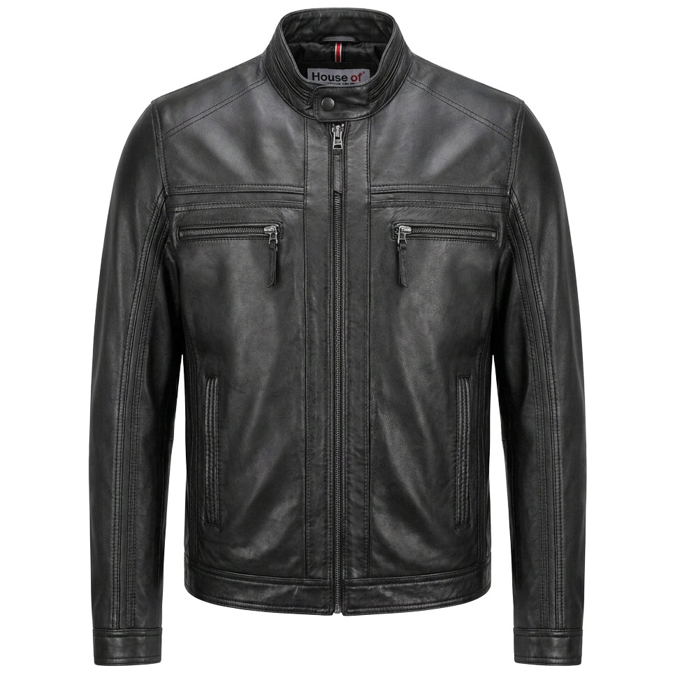Mens Leather Cafe Racer Biker Jacket Charlie Black