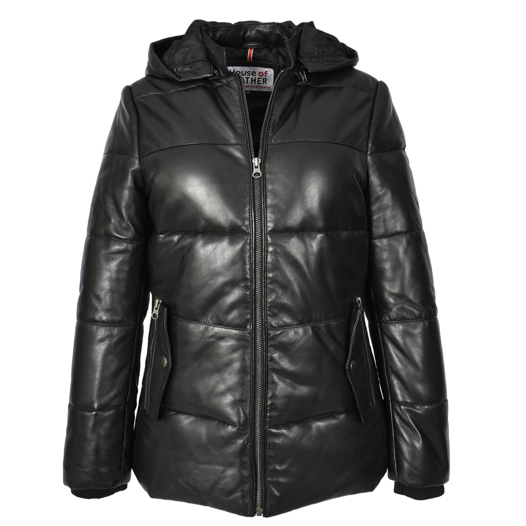 Women's Black Genuine Leather Puffer Jacket Quilted Coat With Removable Hood Padded Design Myra