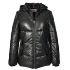 Women's Black Genuine Leather Puffer Jacket Quilted Coat With Removable Hood Padded Design Myra