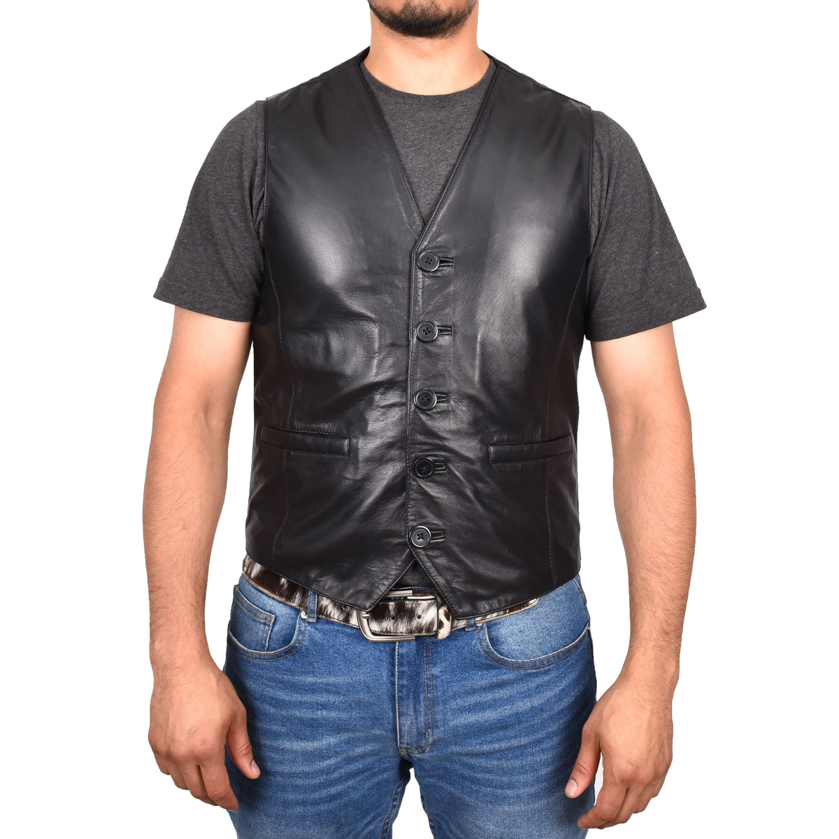 Mens Button Fastening Leather Waistcoat Nick Black